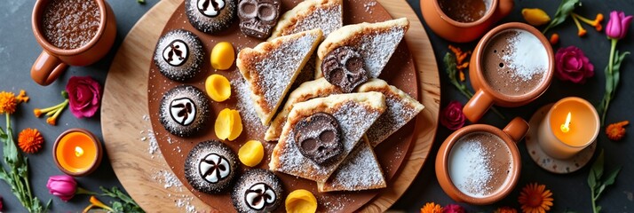 Assorted pastries and hot cocoa on wooden tray with flowers and candles