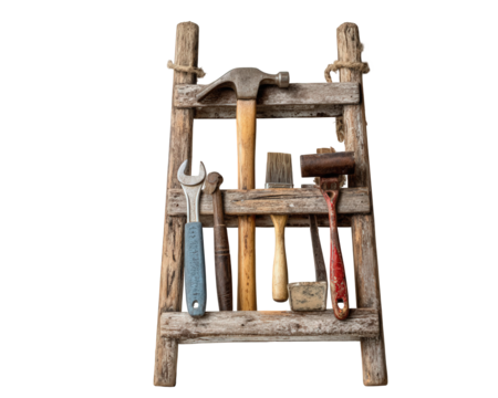 Rustic Wooden Ladder with Vintage Tools on Black Background - Powered by Adobe
