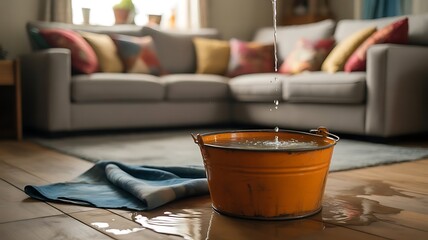 Water damage in living room with bucket catching drips from ceiling