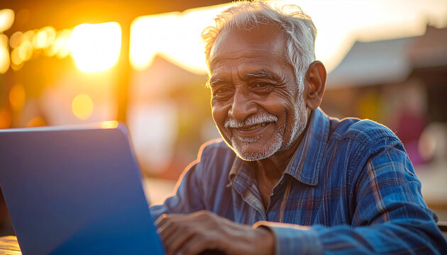 Joyful senior man finds happiness in modern technology, using his laptop outdoors in the evening light