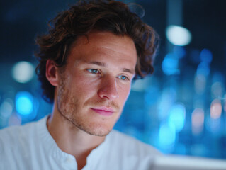 Focused scientist working late in modern laboratory analyzing data on computer screen