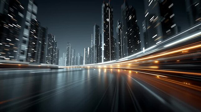 未来的な高速道路と摩天楼が反射する都市の夜景 | A Futuristic City Nightscape with a Highway and Skyscrapers Reflected in the Wet Road