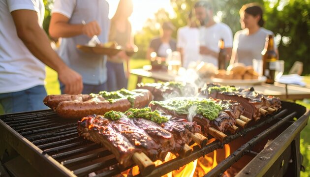 Argentinian asado BBQ sizzling beef ribs, sausages, and chimichurri sauce, grilled outdoors with friends sharing food
