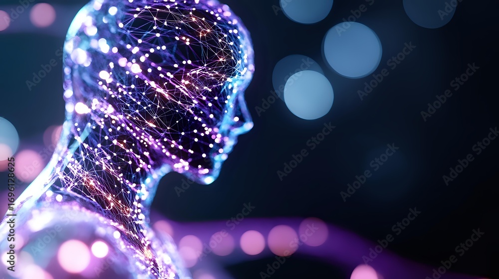 Aufkleber glowing silhouette with luminous particles and bokeh lights showcasing artificial intelligence and d