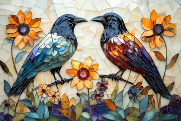 Fototapeta premium Mosaic art featuring two ravens among vibrant sunflowers and garden flowers, stylized with colorful stained glass pieces in blue, orange, and purple tones.