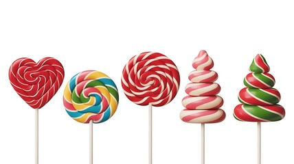 Assortment of colorful swirl and shaped lollipops on white background