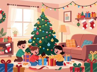 Obraz premium Children Unwrapping Gifts on Christmas Morning with Christmas Tree - Flat Illustration Vector