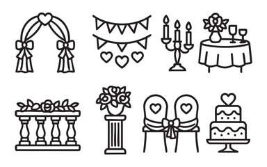 set of decorative outline icons with wedding decorations