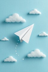 White paper airplane soaring over fluffy clouds on a light blue background