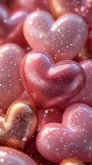 Obraz premium Romantic glittery hearts in rose gold and pink colors with sparkle effects and soft bokeh background create dreamy Valentine's Day or love concept atmosphere.
