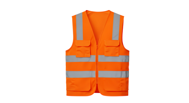 Orange Safety Vest with Reflective Stripes and Pockets isolated on transparent background