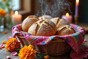 Obraz premium Steaming fresh bread rolls in woven basket with colorful cloth and marigold flowers