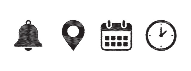 Set of four simple icons a notification bell, a location marker, a calendar, and a clock, representing alerts, planning, and time management.