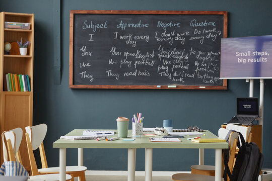 Empty classroom with table and chairs arranged for group learning, blackboard displaying English grammar rules, educational materials and supplies scattered on table, language school setting
