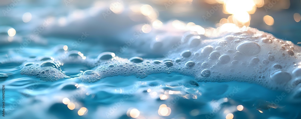 Poster Macro shot of white foam bubbles on turquoise water surface with soft bokeh lights and dramatic sky reflections creating dreamy atmospheric scene.
