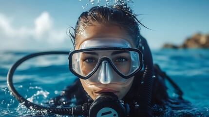 Captivating close-up of a female scuba diver with mask and regulator, partially submerged in crystal clear blue water, embodying the spirit of marine exploration
