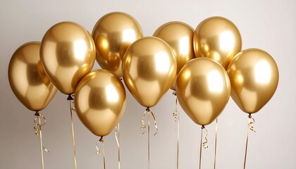 Group of shiny golden orbs suspended by ribbons. These spherical objects reflect light and cast soft shadows against a plain background. They suggest celebration, festivity and joy