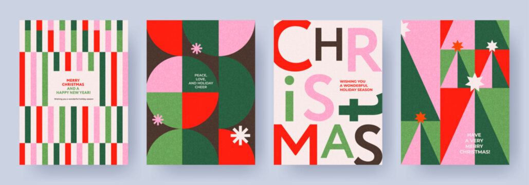 Merry Christmas and Happy New Year Set of backgrounds, greeting cards, posters, holiday covers. Xmas templates with typography and season wishes in modern minimalist style for web, social media, print