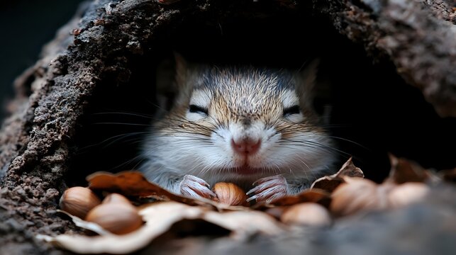 Adorable chipmunk peeking out from tree hollow, storing acorns and nuts for winter. Close up view of small rodent face with fluffy cheeks in natural forest habitat.