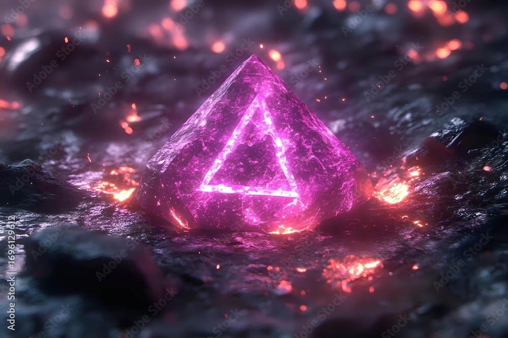 Poster glowing pink triangle shape with magical energy particles and sparks floating in dark mystical envir