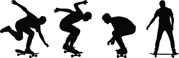 Fototapeta premium Silhouettes of skateboarders performing tricks and riding skateboards with helmets, dynamic skateboarding action vector illustration on white background