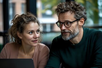 Mature couple working together on laptop at cafe, sharing casual conversation. Young woman with curly hair and middle-aged man with gray beard wearing glasses.