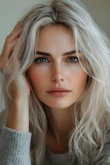Naklejka premium Young woman with platinum blonde wavy hair and natural makeup wearing gray sweater poses for beauty portrait with soft lighting and neutral background.