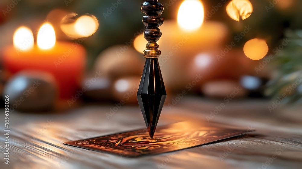 Poster Mystical pendulum hovering over tarot card with glowing candles and bokeh lights creating spiritual divination atmosphere for fortune telling practices.