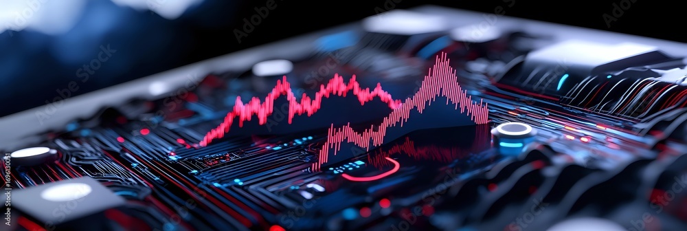Poster financial data visualization with glowing red and blue charts on digital display showing market tren