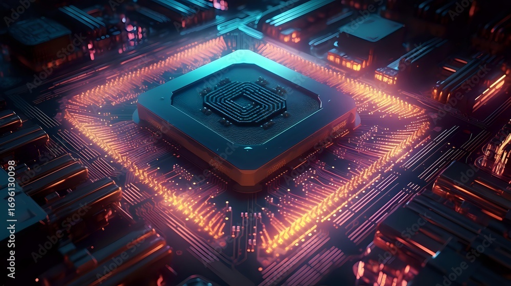 Aufkleber glowing microprocessor with orange and blue neon circuit paths on dark background, modern computer t