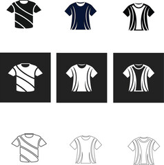 Versatile T-shirt vector logo set in outline, silhouette, and flat design, perfect for apparel branding, fashion ads, and clothing graphics.