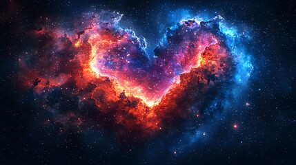 Vibrant cosmic heart nebula with glowing red and blue gas clouds against dark space background, illuminated by distant stars and cosmic dust formations.