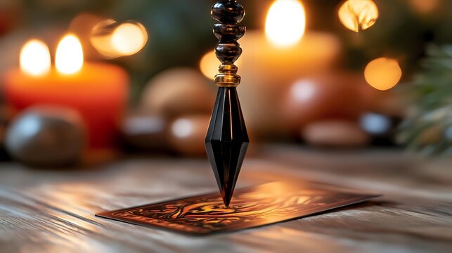 Mystical pendulum hovering over tarot card with glowing candles and bokeh lights creating spiritual divination atmosphere for fortune telling practices.