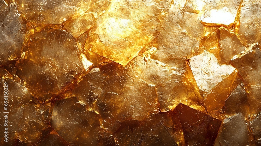 Poster Glowing amber and golden crystal formations create dramatic natural texture with light shining through translucent mineral layers in abstract pattern.