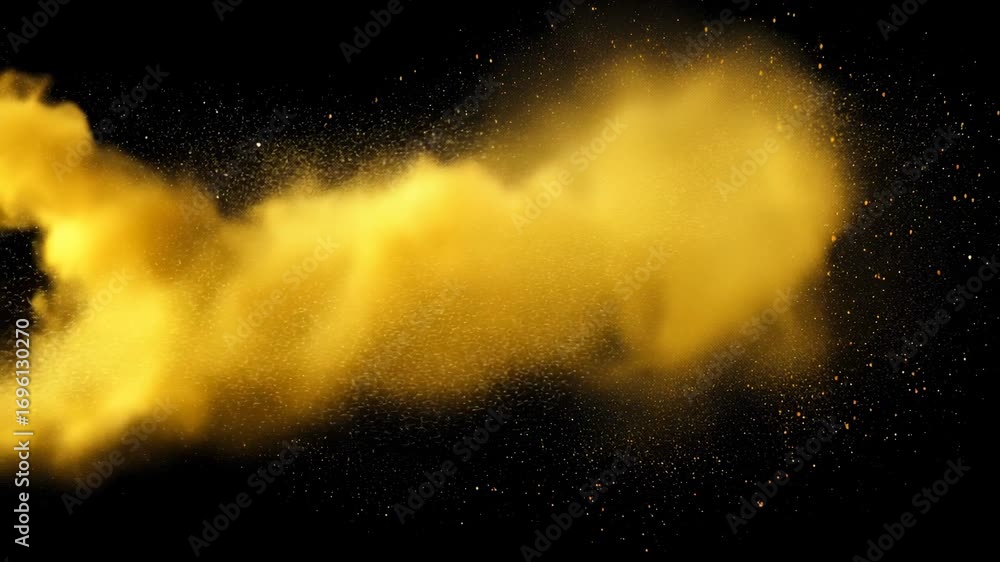 Poster vibrant golden particles erupting and scattering across dark backdrop, creating intricate dynamic pa