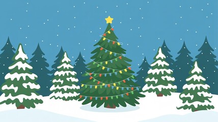 Festive decorated christmas tree adorned with ornaments and lights surrounded by presents in a snowy winter forest scene