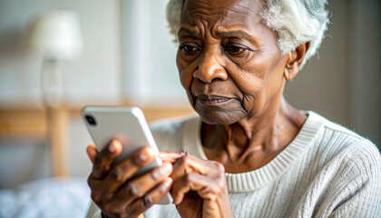 Senior Black woman with a concerned expression trying to navigate a modern smartphone in her bedroom