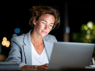 Businesswoman working late at night on laptop in office