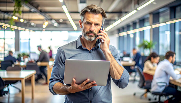 Confident mature businessman multitasking with a laptop and smartphone while standing in a busy modern office environment - Powered by Adobe