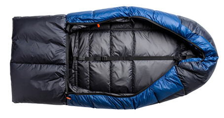 top view of outdoor camp sleeping bag in black blue color isolated on white