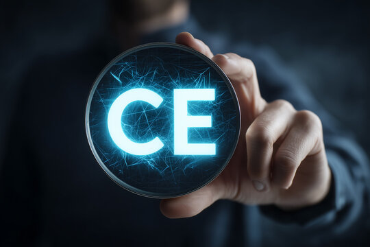 Symbol of Conformity A person's hand holding a glowing CE marking against a blurry background, representing product safety certification and adherence to European Union standards, quality assurance