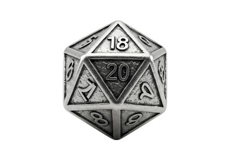 Metal D20 Dice Intricate Design Gaming Accessory Tabletop RPG isolated on transparent background