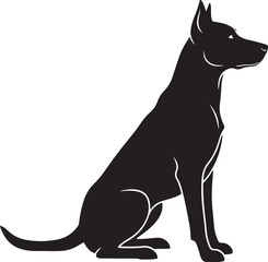 A striking black silhouette of a dog is captured in a sitting position, attentively looking to the right. This minimalist depiction highlights the animal's form and posture.
