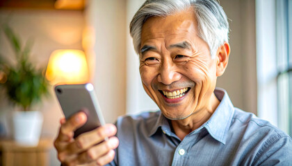 A cheerful senior Asian man smiling with delight while using a modern smartphone for communication, finding joy and connection in the digital age