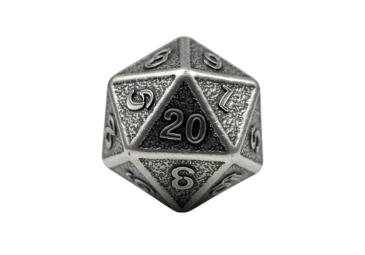 Closeup of a Metal TwentySided Die D20 with Intricate Etched Design Against a White Background isolated on transparent background