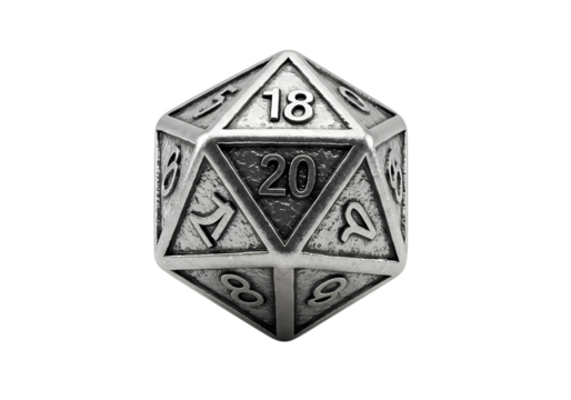Metal D20 Dice Intricate Design Gaming Accessory Tabletop RPG isolated on transparent background