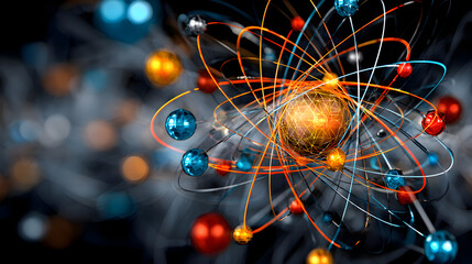 Abstract Atomic Structure with Glowing Orbits and Spheres Representing Quantum Mechanics and Energy.