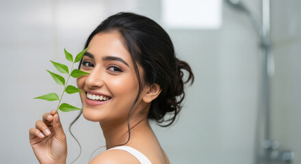 young indian woman in elegant holds a green leaf near her face
