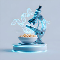 Futuristic Microscope Glowing DNA Helix and Pharmaceutical Pills on a Scientific Research Platform.