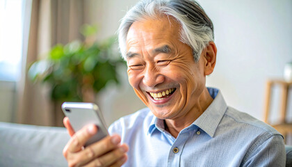 Joyful senior Asian man laughing while using a smartphone at home, enjoying modern technology and digital connection